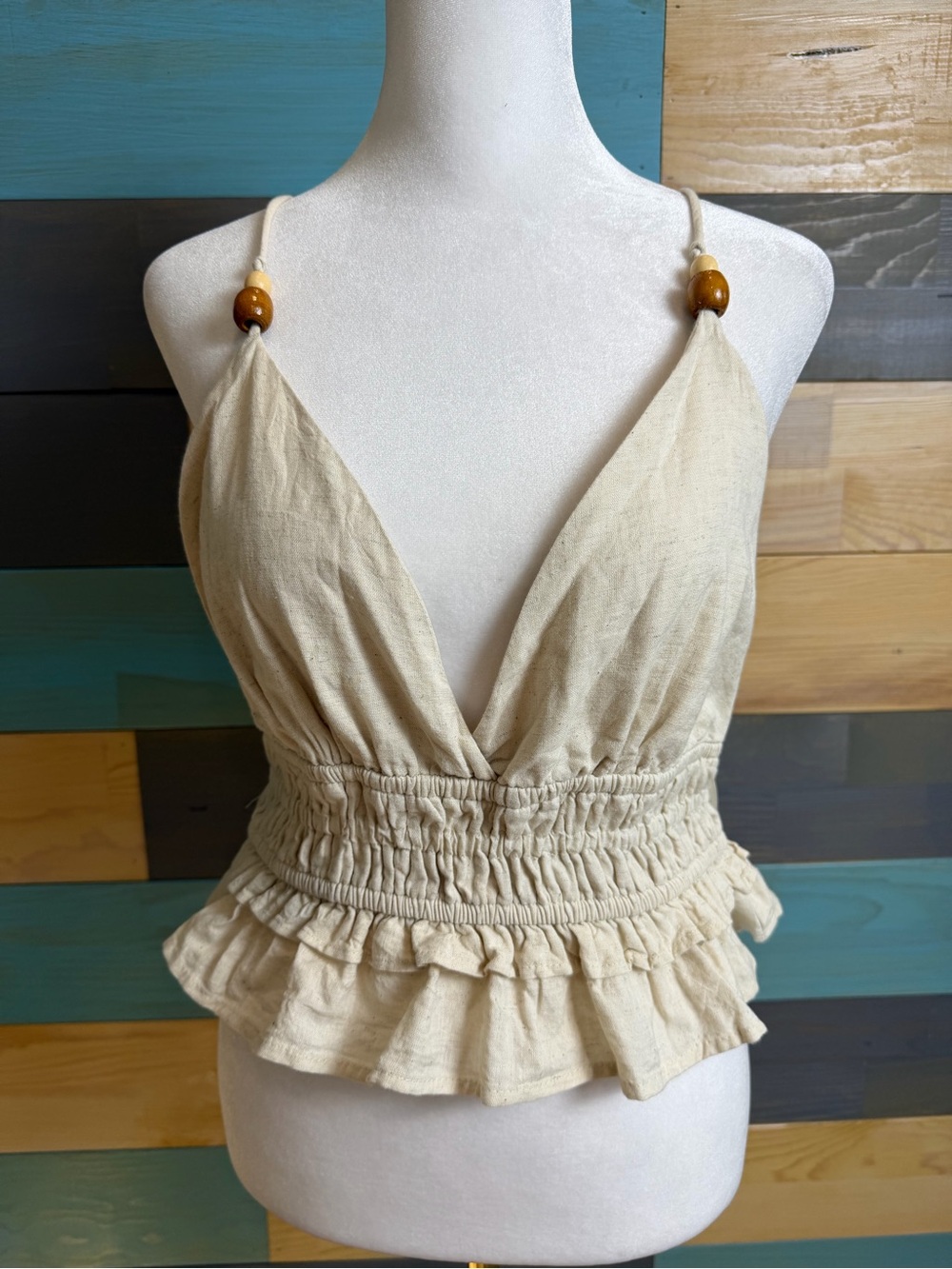Sim & Sam Linen Cotton Crop Beaded Tank top Minimalist Boho Cottage V-Neck